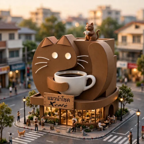 ออกแบบโลโก้คาเฟ่ แมวนำโชค X café รูปแมวถือแก้วกาแฟ สไตล์คราฟต์อบอุ่น โดย Massing Design