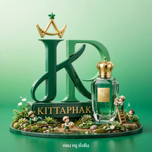 ออกแบบโลโก้แบรนด์น้ำหอมเครื่องสำอาง Kittaphak สไตล์หรูหราโทนเขียวทอง พร้อมขวดสินค้าจริง โดย Massing Design