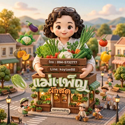 ออกแบบโลโก้ร้านผักสด แม่เพ็ญ ตลาดบางลำภู มาสคอตแม่ค้าถือลังผักสด โดย Massing Design