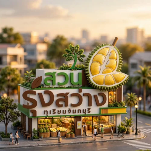 มาสคอตทุเรียนผ่าซีกลูกใหญ่หน้าร้าน สวนรุ่งสว่าง ทุเรียนจันทบุรี ร้านขายทุเรียนสดและผลไม้