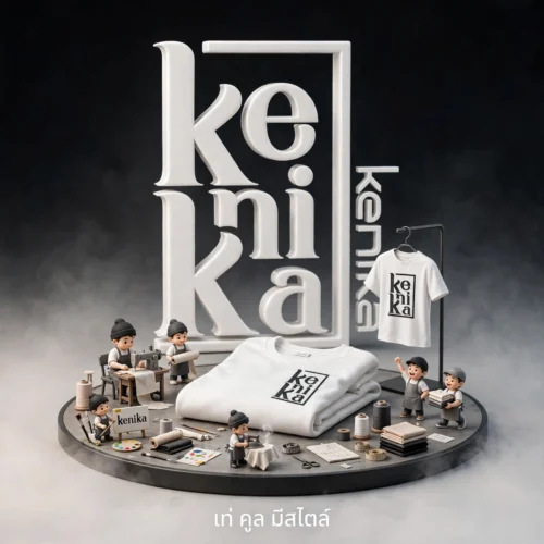 ออกแบบโลโก้แบรนด์เสื้อผ้า Kenika สไตล์มินิมอลตัวอักษร พร้อมงานสกรีนบนเสื้อจริง โดย Massing Design