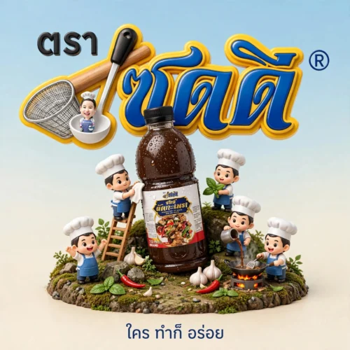 โลโก้แบรนด์ซอสผัดกะเพรา ตราซดดี ตัวอักษรไทยสีน้ำเงินเหลือง พร้อมฉลากขวดสินค้า
