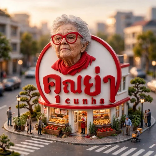 มาสคอตคุณยายแว่นแดงหน้าร้านคุณย่า Cunha ร้านเฟรนช์ฟรายส์