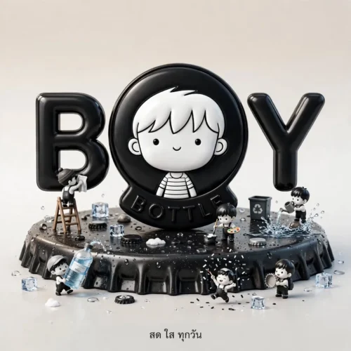 มาสคอตเด็กชายจิ๋วทำความสะอาดและบรรจุขวดน้ำดื่ม หน้าร้านน้ำดื่ม BOY Bottle ทรงร้านเป็นฝาขวดน้ำขนาดยักษ์ จำหน่ายน้ำดื่มบรรจุขวดสะอาด