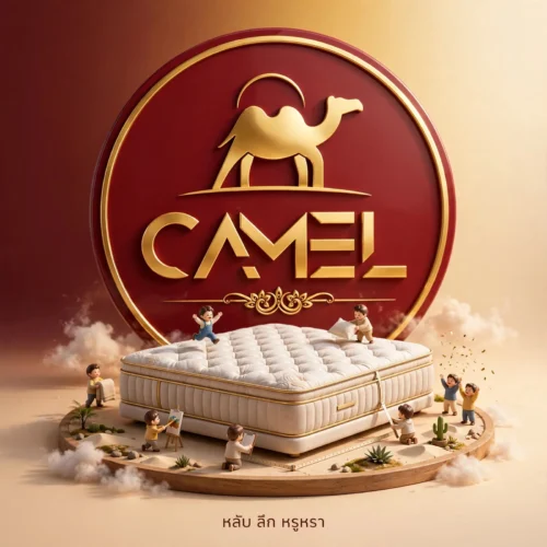 โลโก้แบรนด์ที่นอน Camel ตราอูฐทองบนพื้นแดง สไตล์หรูหรา พร้อมภาพสินค้าจริง