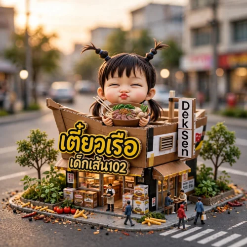 โลโก้ร้านก๋วยเตี๋ยวเรือ เด็กเส้น102 มาสคอตเด็กหญิงถือชามก๋วยเตี๋ยว บนป้ายหน้าร้านสไตล์ 3D
