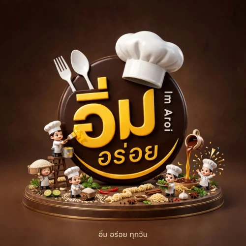 ออกแบบโลโก้ร้านอาหาร อิ่มอร่อย สไตล์ 3D การ์ตูนเชฟ พร้อมตัวอักษรไทยสีทอง