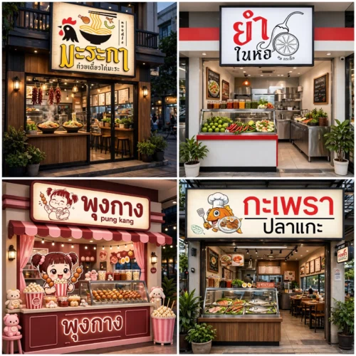 ตัวอย่างโลโก้ร้านก๋วยเตี๋ยว ร้านยำ ร้านกะเพรา และร้านของทานเล่น บนป้ายหน้าร้านจริง